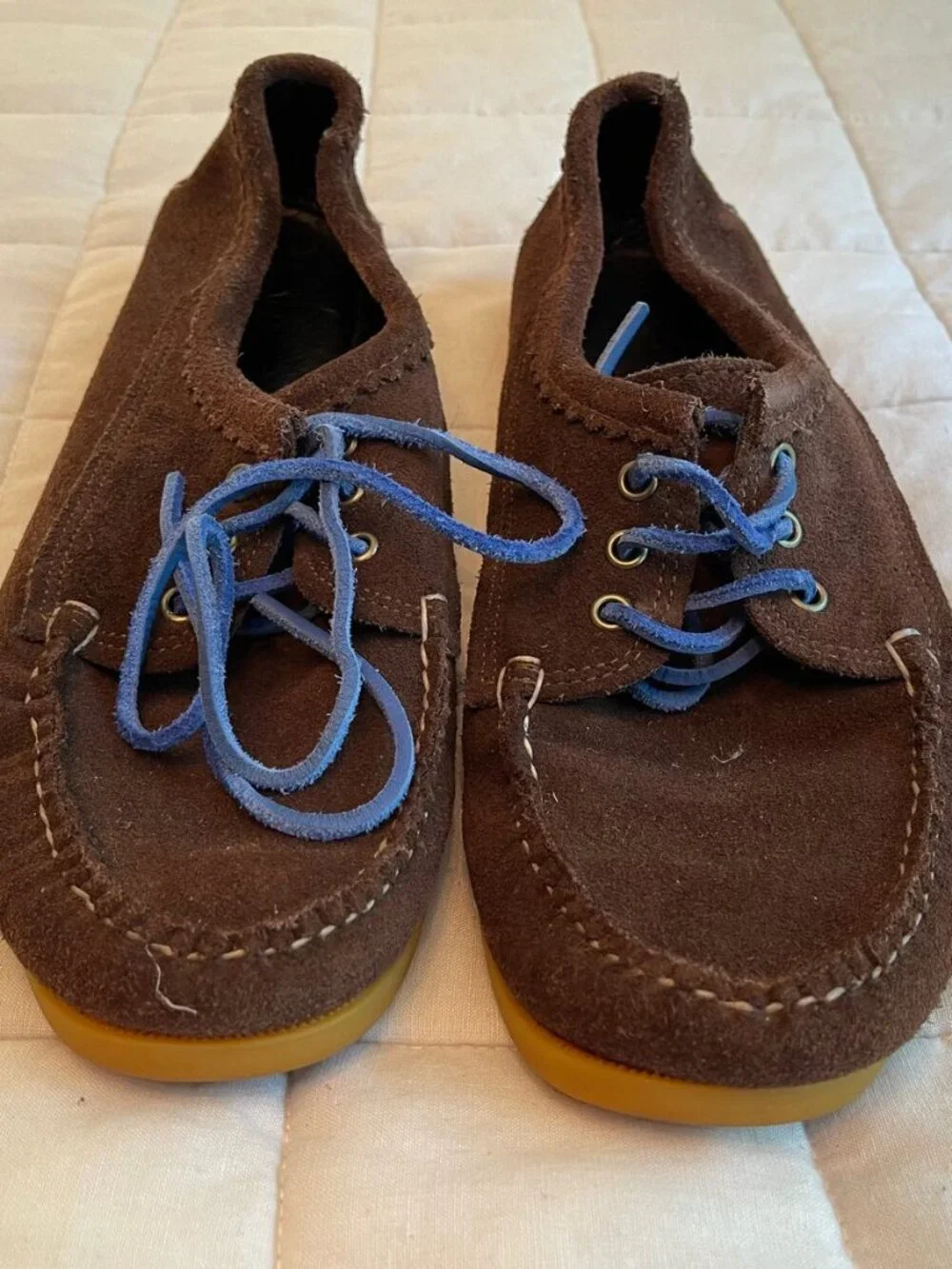 Quoddy Chocolate Suede Camp Moc Blucher, Blue Laces